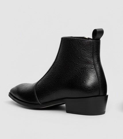 BLACK TEXTURED LEATHER ANKLE BOOTS WITH SIDE ZIPPER & GOLD HEEL DETAIL