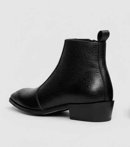 BLACK TEXTURED LEATHER ANKLE BOOTS WITH SIDE ZIPPER & GOLD HEEL DETAIL