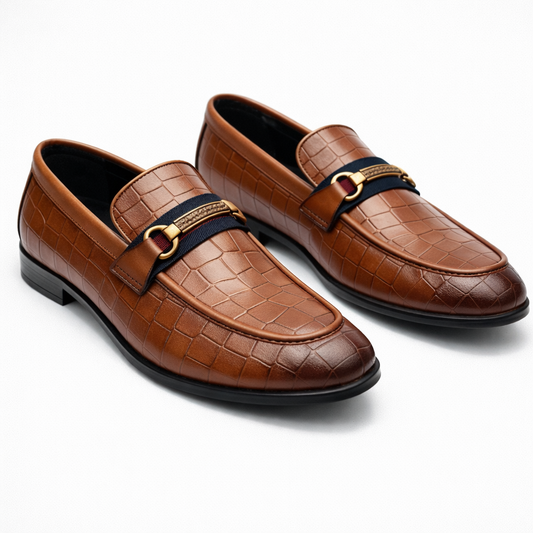 TAN CROCODILE TEXTURED HORSEBIT LOAFERS