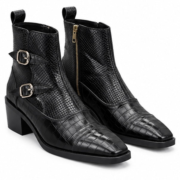 BLACK CROC TEXTURE DOUBLE BUCKLE ANKLE BOOTS