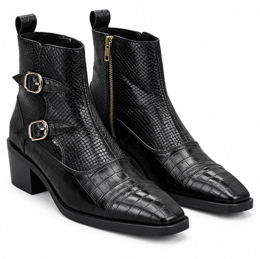 BLACK CROC TEXTURE DOUBLE BUCKLE ANKLE BOOTS