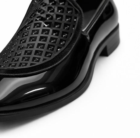MEN'S PREMIUM BLACK PATENT LEATHER DESIGNER LOAFER SHOES WITH TEXTURED UPPER