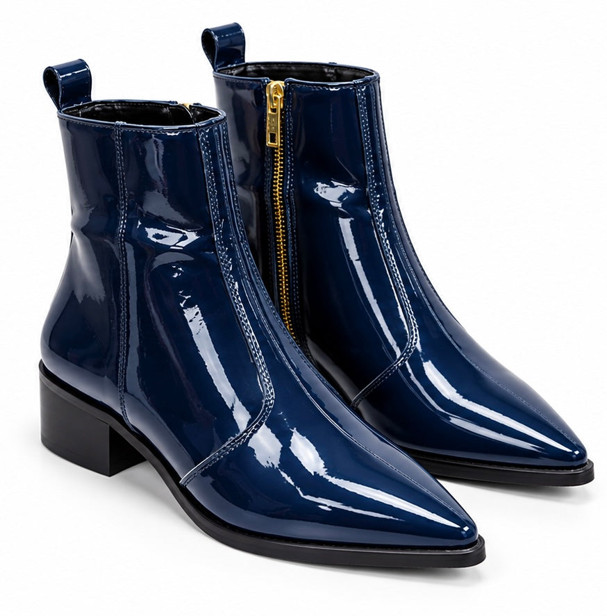 MEN’S GLOSSY NAVY BLUE POINTED-TOE ANKLE BOOTS WITH GOLD ZIPPER