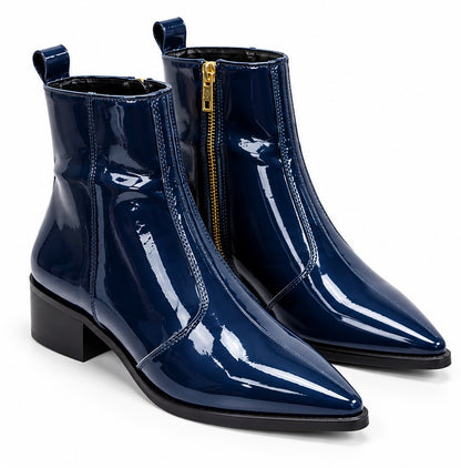 MEN’S GLOSSY NAVY BLUE POINTED-TOE ANKLE BOOTS WITH GOLD ZIPPER