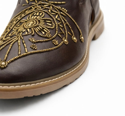 MEN'S PREMIUM BROWN DESIGNER EMBROIDERED ETHNIC SLIP-ON SANDAL SHOES