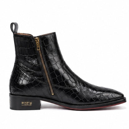 Black Crocodile Texture Leather Zipper Ankle Boots For Men