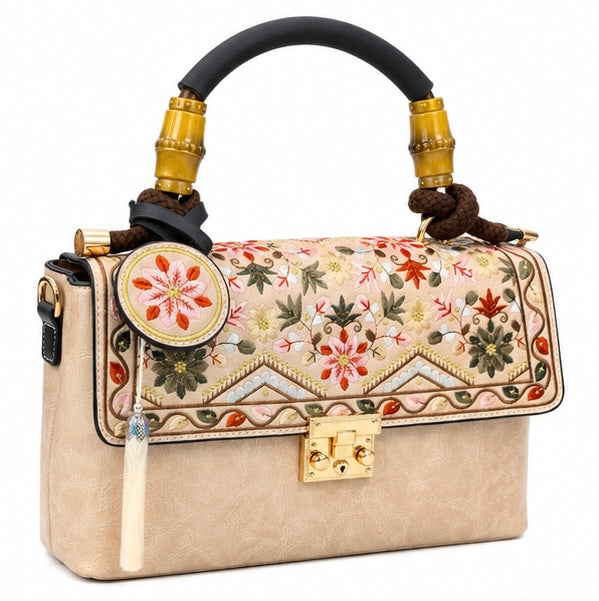 FLORAL EMBROIDERED HANDBAG – BEIGE