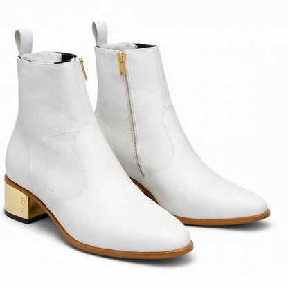 WHITE LEATHER ANKLE BOOTS WITH GOLD BLOCK HEEL