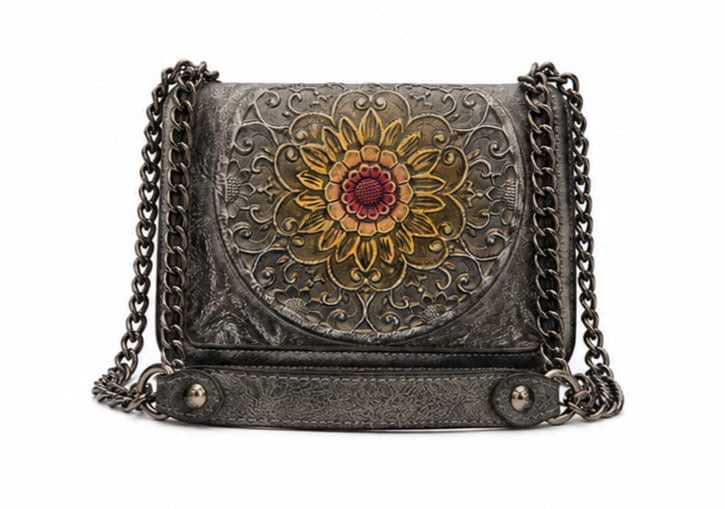 HANDCRAFTED EMBOSSED LEATHER CHAIN SHOULDER BAG GREY