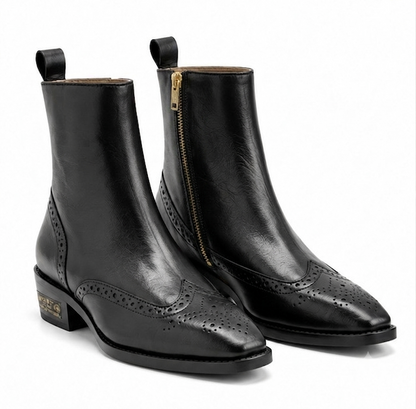 MEN’S PREMIUM BLACK BROGUE ZIP BOOTS – GENUINE LEATHER FORMAL ANKLE BOOTS