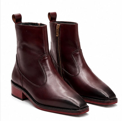 BURGUNDY LEATHER ZIPPER ANKLE BOOTS