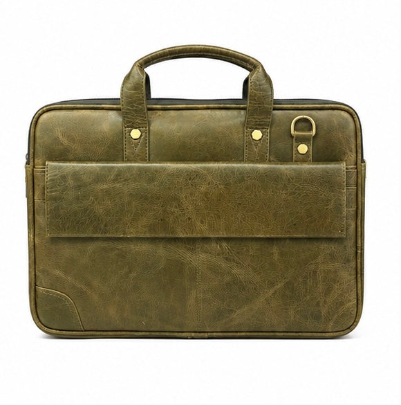 OLIVE GREEN LEATHER LAPTOP BRIEFCASE BAG