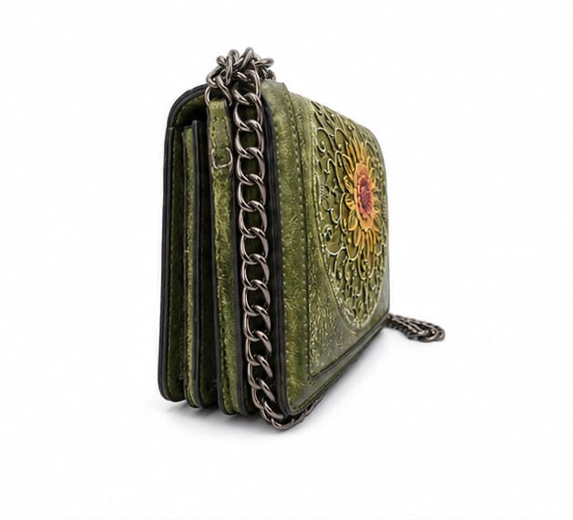 HANDCRAFTED EMBOSSED LEATHER CHAIN SHOULDER BAG GREEN