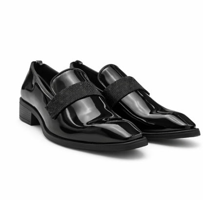 MEN'S PREMIUM BLACK PATENT LEATHER LOAFER SHOES WITH CRYSTAL STRAP