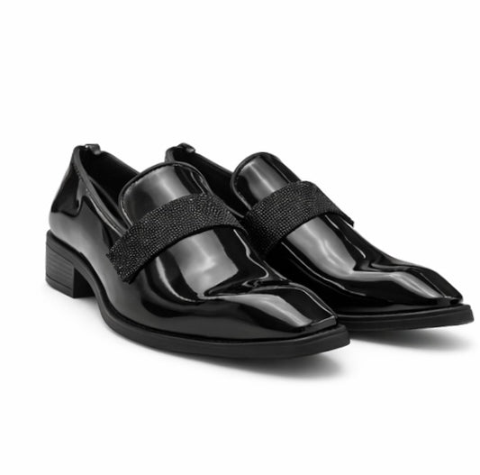 MEN'S PREMIUM BLACK PATENT LEATHER LOAFER SHOES WITH CRYSTAL STRAP