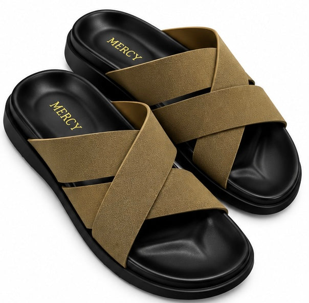 MEN’S CROSS-STRAP SLIDES – TAN