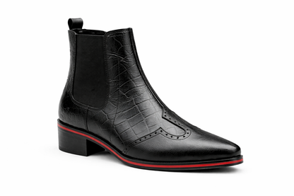 BLACK LEATHER CHELSEA BOOTS WITH BROGUE DETAIL AND RED SOLE TRIM