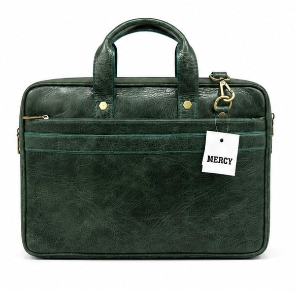 DARK GREEN LEATHER LAPTOP BRIEFCASE WITH SHOULDER STRAP