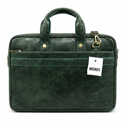 DARK GREEN LEATHER LAPTOP BRIEFCASE WITH SHOULDER STRAP