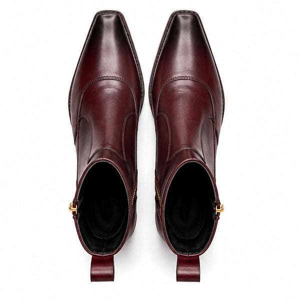 BURGUNDY LEATHER ZIPPER ANKLE BOOTS