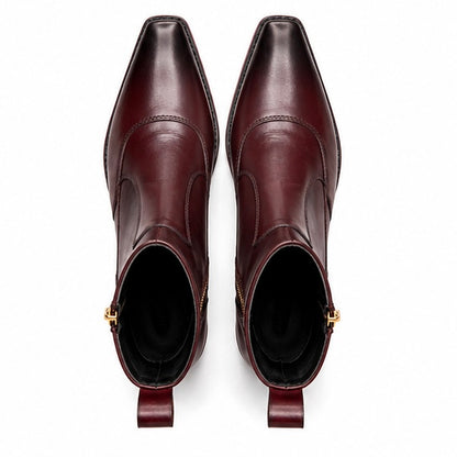 BURGUNDY LEATHER ZIPPER ANKLE BOOTS