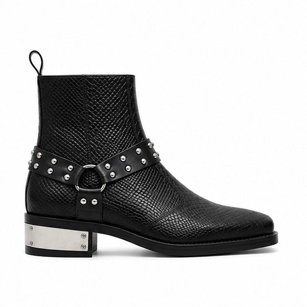 BLACK SNAKE TEXTURED STUDDED ANKLE BOOTS