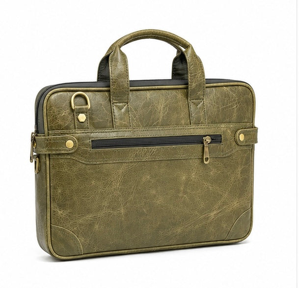 OLIVE GREEN LEATHER LAPTOP BRIEFCASE WITH BACK ZIP POCKET