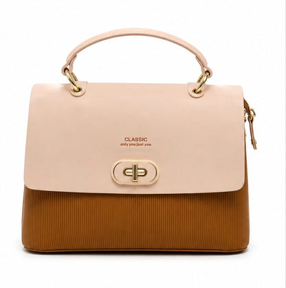 BLUSH PINK & CAMEL BROWN CLASSIC HANDBAG WITH GOLD CLASP