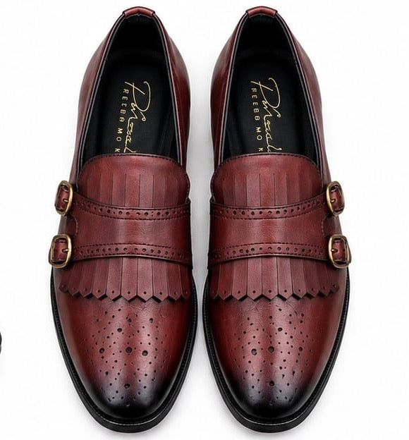 MAROON DOUBLE MONK STRAP LOAFERS WITH FRINGE DETAILING