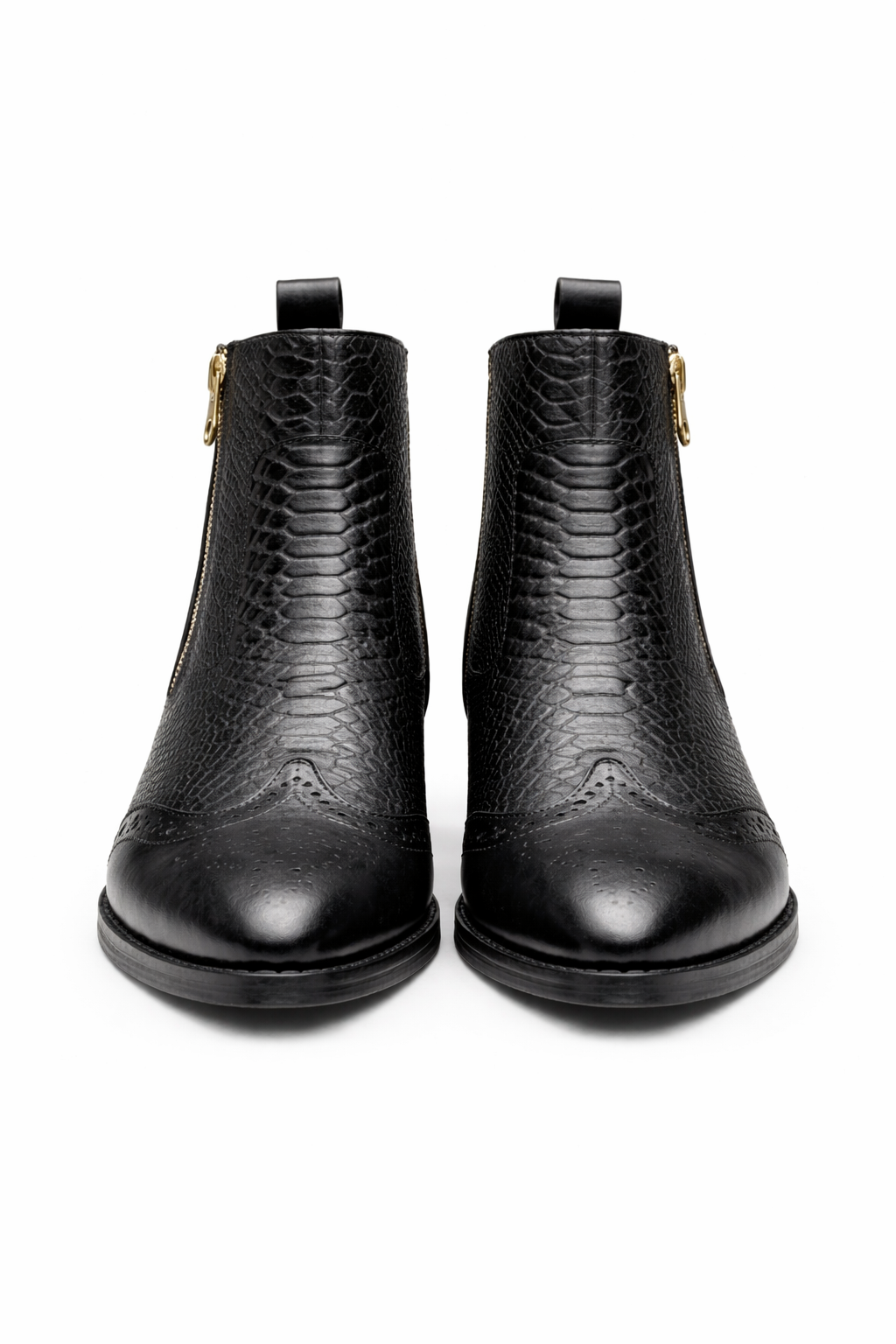 BLACK CROC-EMBOSSED LEATHER ANKLE BOOTS WITH GOLD SIDE ZIP
