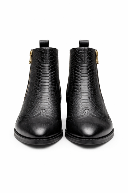 BLACK CROC-EMBOSSED LEATHER ANKLE BOOTS WITH GOLD SIDE ZIP