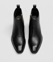 BLACK TEXTURED LEATHER ANKLE BOOTS WITH SIDE ZIPPER & GOLD HEEL DETAIL