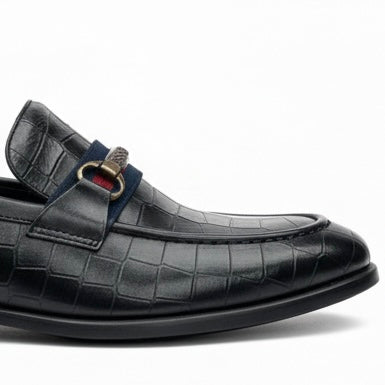 BLACK CROCODILE TEXTURED HORSEBIT LOAFERS