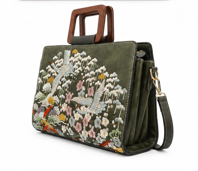 LUXURY FLORAL CRANE WOOD HANDLE SATCHEL BAG