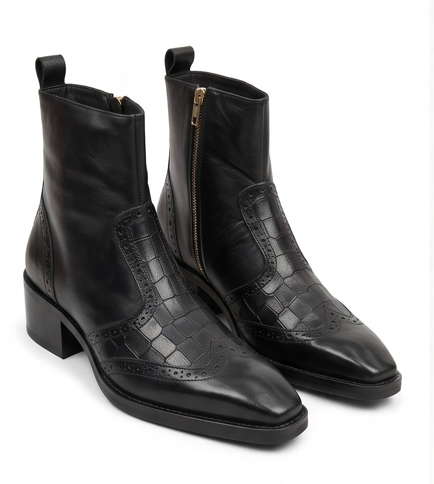 Black Croc Embossed Leather Ankle Boots