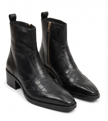 Black Croc Embossed Leather Ankle Boots