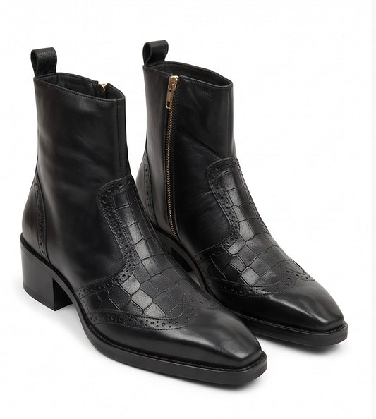 Black Croc Embossed Leather Ankle Boots