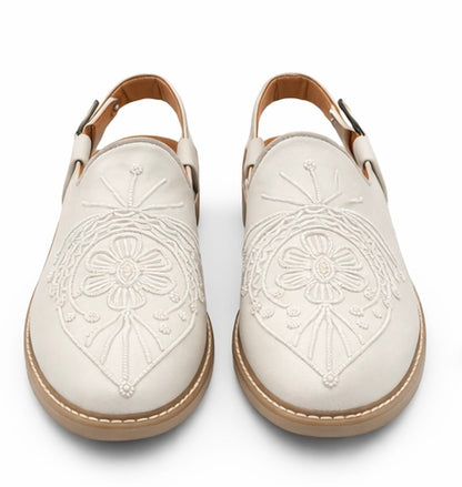 MEN'S PREMIUM WHITE DESIGNER EMBROIDERED ETHNIC SLIP-ON SANDAL SHOES