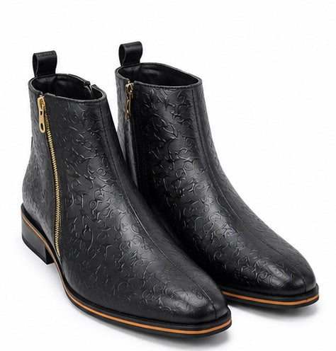 PREMIUM BLACK EMBOSSED CHELSEA BOOTS WITH GOLD ZIP DETAIL