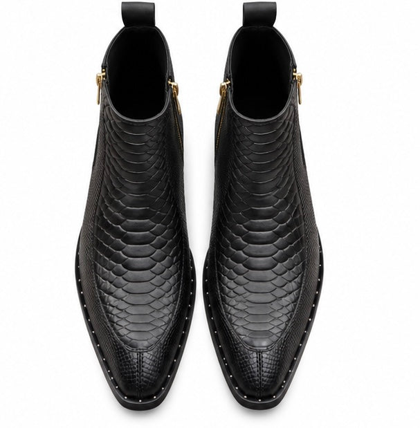BLACK SNAKE PRINT LEATHER POINTED TOE CHELSEA ANKLE BOOTS FOR MEN