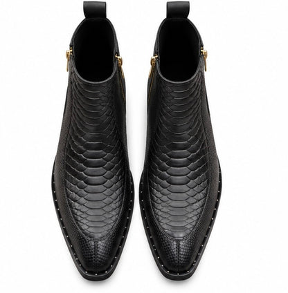 BLACK SNAKE PRINT LEATHER POINTED TOE CHELSEA ANKLE BOOTS FOR MEN