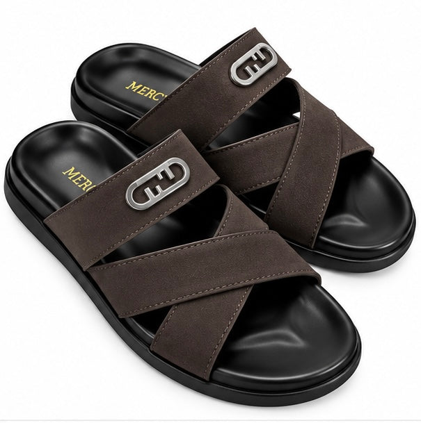 MEN’S CROSS-STRAP SLIDES – BROWN