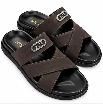 MEN’S CROSS-STRAP SLIDES – BROWN