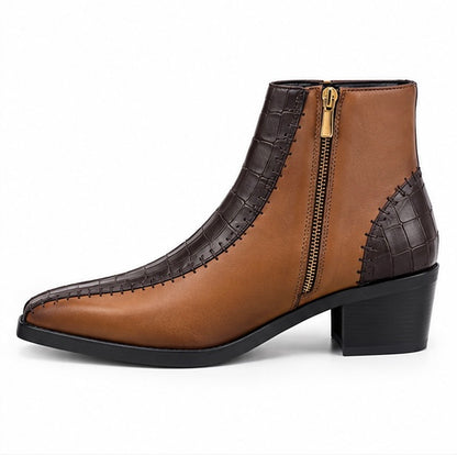 TAN & BROWN CROC TEXTURE LEATHER ANKLE BOOTS