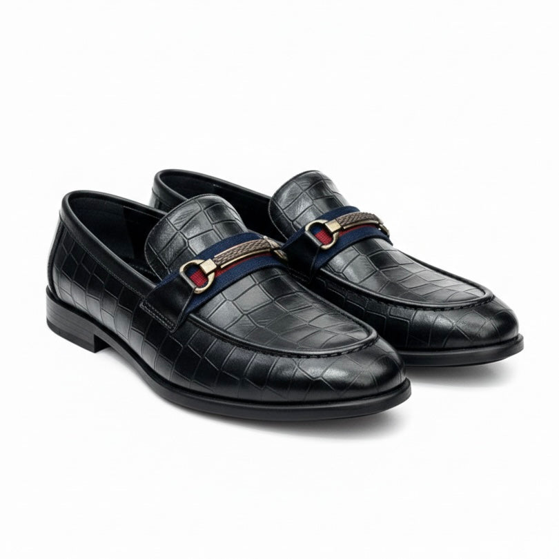 BLACK CROCODILE TEXTURED HORSEBIT LOAFERS