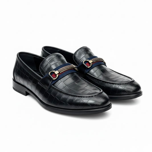 BLACK CROCODILE TEXTURED HORSEBIT LOAFERS