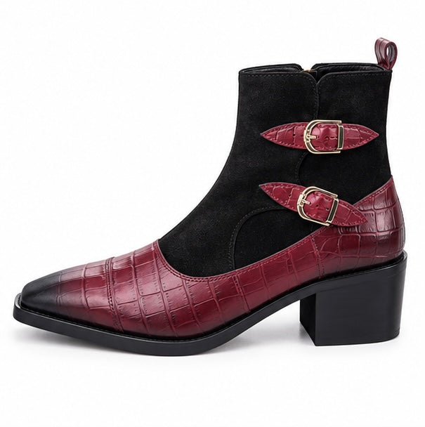 BURGUNDY & BLACK CROC TEXTURE DOUBLE BUCKLE ANKLE BOOTS