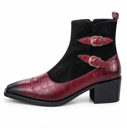 BURGUNDY & BLACK CROC TEXTURE DOUBLE BUCKLE ANKLE BOOTS