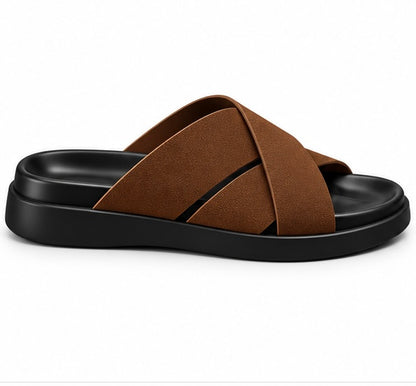 MEN’S CROSS-STRAP SLIDES – BROWN