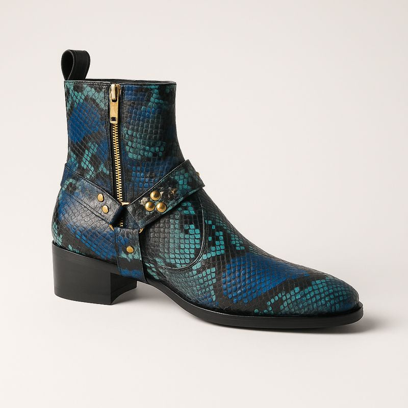 LUXURY SNAKESKIN ANKLE BOOTS – BLUE MULTI-TONE